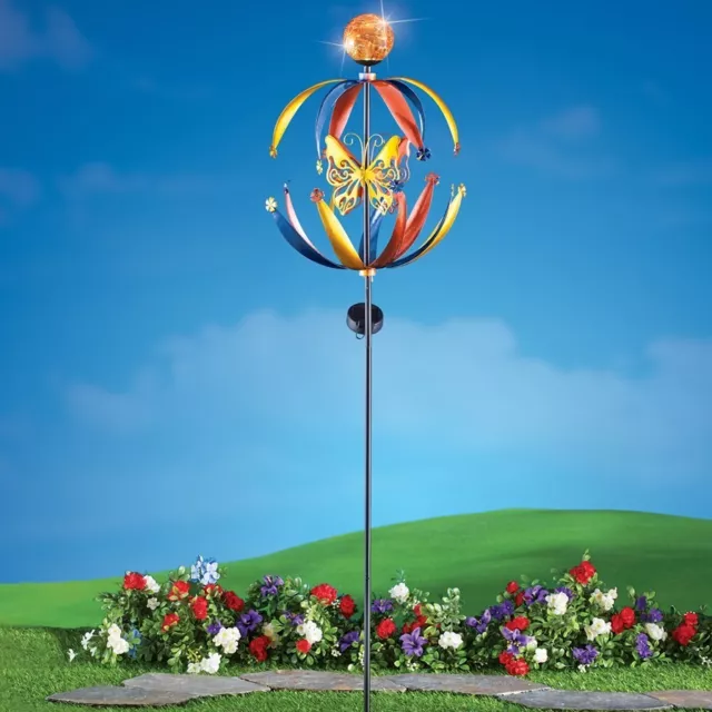 Solar Crackled Glass Ball & Butterfly Double Kinetic Wind Spinner Garden Stake