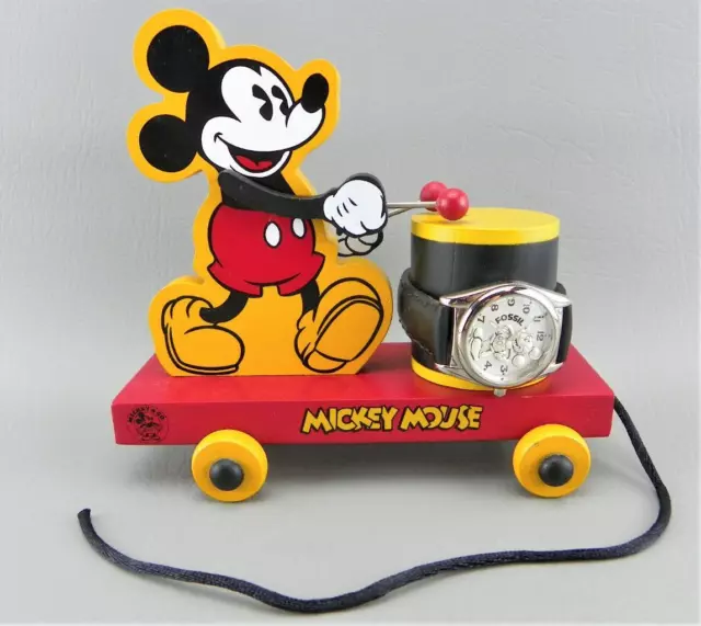 Vintage Disney Mickey Mouse Limited Edt. Fossil Watch w/ Wood Drum Display NEW!