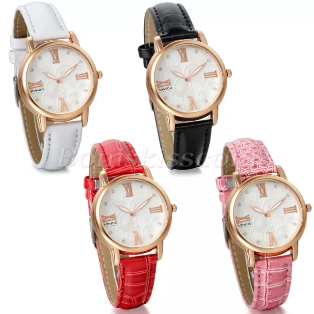 Women's Ladies Camellia Floral Rhinestone Leather Strap Quartz Charm Wrist Watch