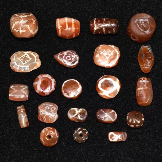 21 Ancient Etched Carnelian Dzi Beads in Good Condition Over 1500+ Years Old