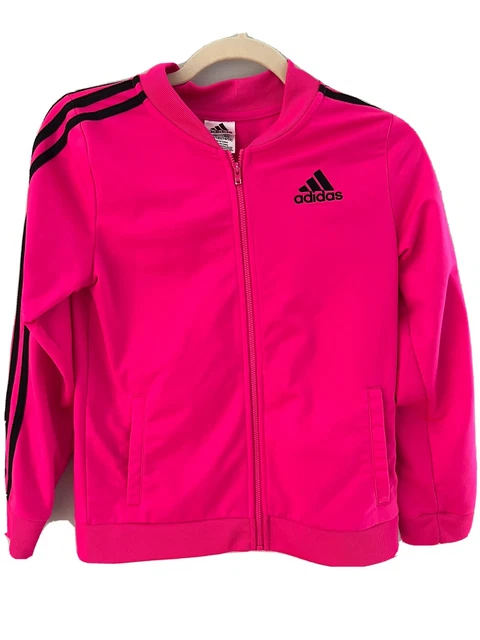 Adidas Girls 14 - 16 XL Track Jacket Top Full Zip Black Hot Pink Stripes Kids