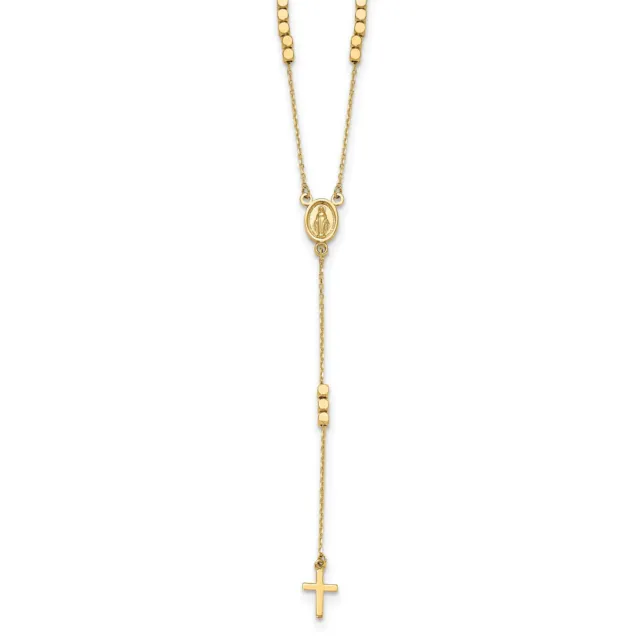 14k Yellow Gold Rosary Design Miraculous Medal Cross Y-Drop Necklace