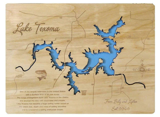 Lake Texoma, Texas and Oklahoma - laser cut wood map | Wall Art | Made to Order
