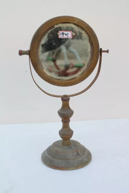 Antique Old Hand Crafted Brass Wooden Table Mirror With Stand Decorative NH1741