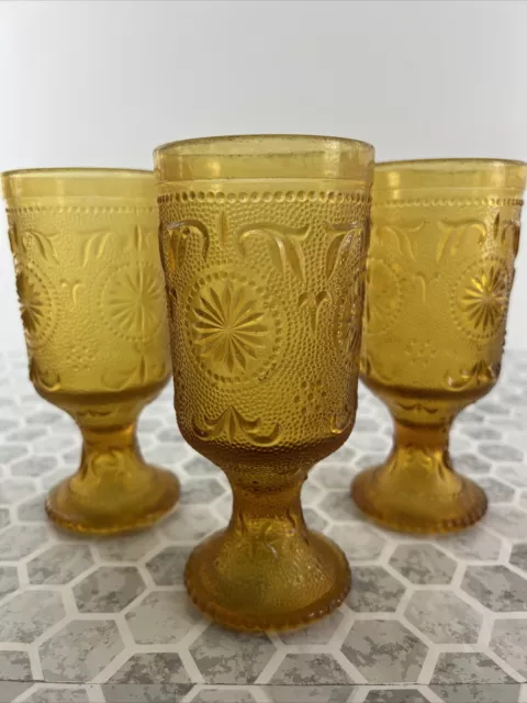 3-Vintage AmberGlass Brockway American Tiara Sandwich Footed Goblet *Hazy Damage