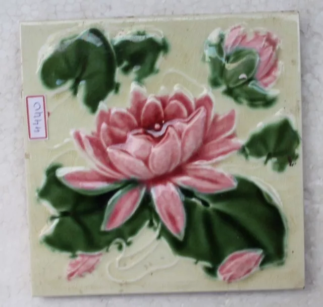 Vintage Tile Art Nouveau Majolica Pink Flower Design Architecture Tile Nh4440