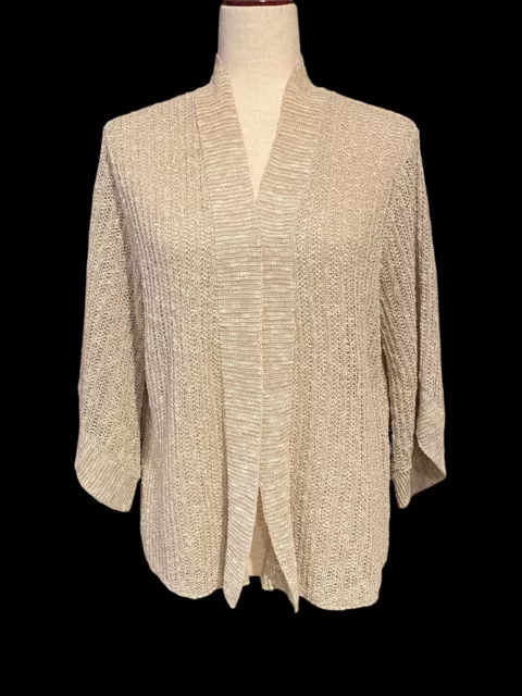 Eileen Fisher open front Sweater Womens Large Cardigan knit linen cotton beige