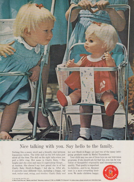 Nice talking to you Chatty Baby in Stroll-a-Buggy by Mattel ad 1962 NY