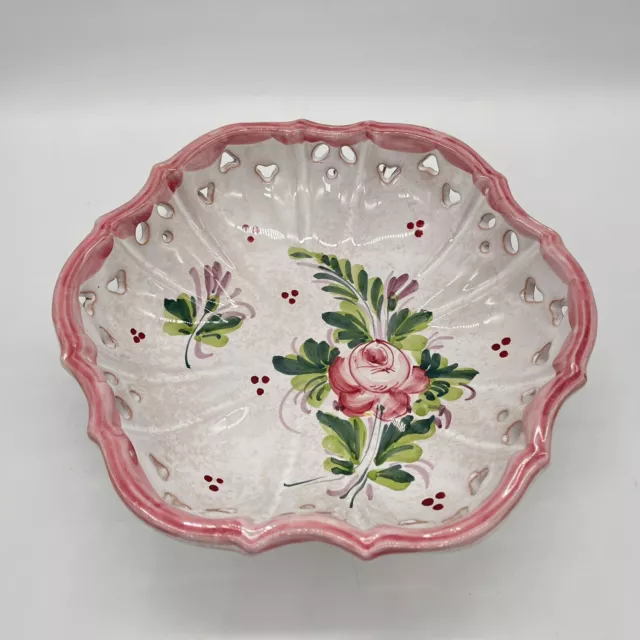 Vintage italian Majolica bowl scalloped edge pink florals hand painted  #24