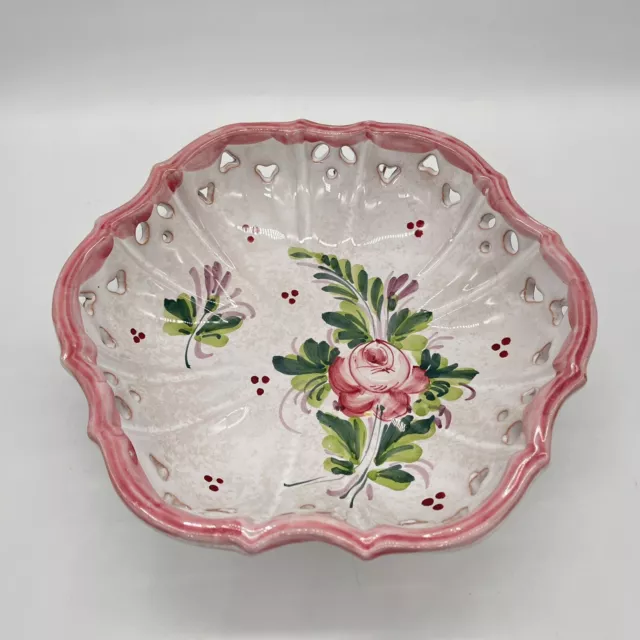 Vintage italian Majolica bowl scalloped edge ponk florals hand painted #24