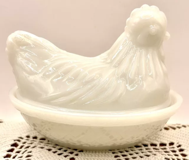 Vintage Hazel-Atlas White Milk Glass Chicken Hen on Nest Covered Dish Farmhouse