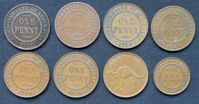 Australia Pre-Decimal Bronze Lot of 8 Coins, George V & George VI
