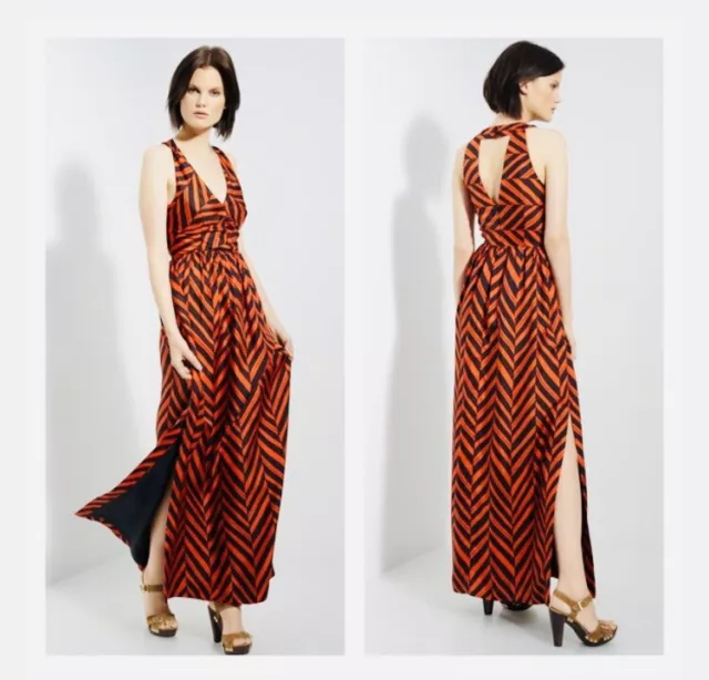 Milly Of New York Caroline Silk Maxi Dress 2 Red Blue Striped Chevron Long $495