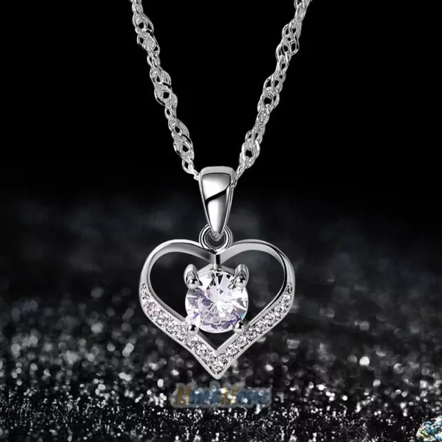 925 Sterling Silver Love Heart Cubic Zirconia CZ Pendant Necklace 18" Gift Box