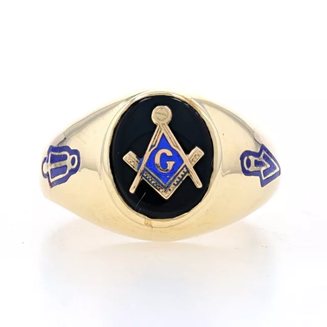 Yellow Gold Blue Lodge Blue Enamel Men's Master Mason Ring - 10k Onyx Masonic