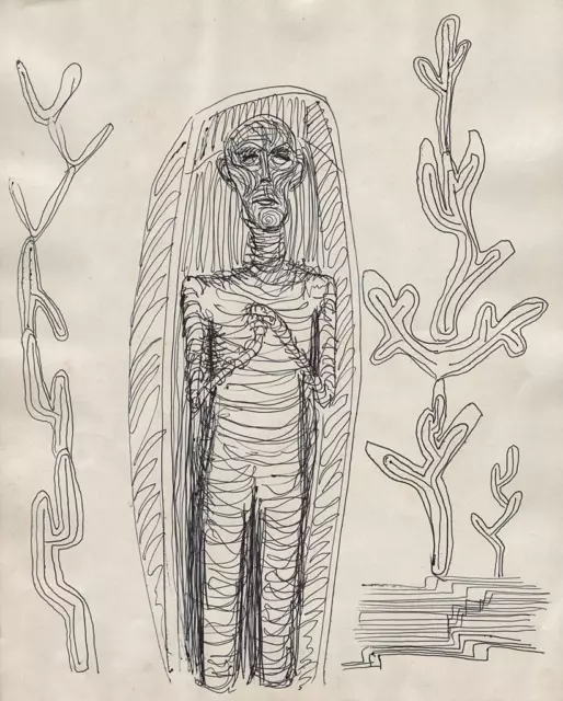 SURREALISMUS ÄGYPTISCHE MUMIE Stift & Tinte Zeichnung LINDA CARMAN c1930 ABSTRAKT