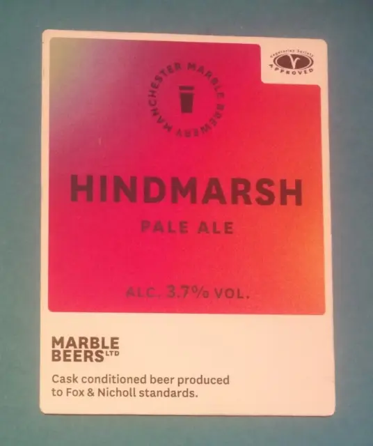 MARBLE brewery HINDMARSH beer badge real ale pump clip front Manchester
