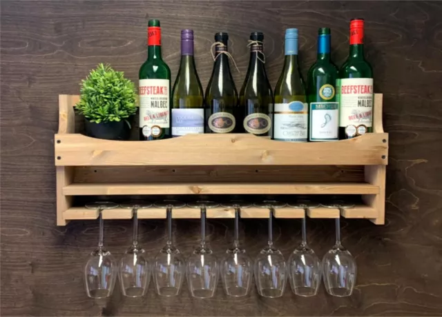 Wine Rack Shelf Rustic - Bottle & 6 Glass Holder - Personalised Home Bar  (6DO)EM