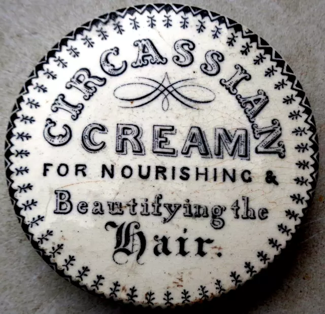 Rare Antique Pot Lid Early 1860's - 1870s Circassian Cream Hair Restorer Pot Lid