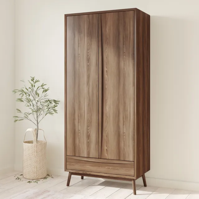 Walnut Mid-Century Double Wardrobe with Drawer - Frances FNS005