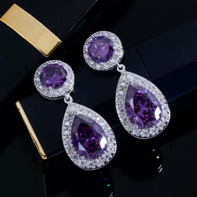 Lovely Silver Plated Red Cubic Zircon Round Princess Cut Drop Earrings for Women