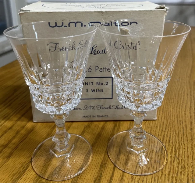 Vintage W.M.Dalton French Lead Crystal Clear 5 oz Wine Glasses Stemmed Set/2 NOS