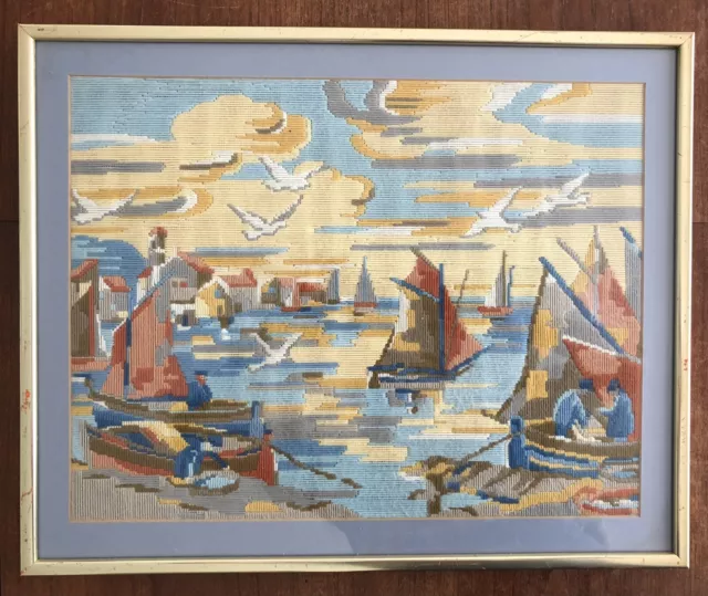DE COLECCIÓN -NEEDLEPOINT - FRANCÉS MARINERO ESCENA - EN MARCO - 43 x 56 cm
