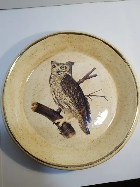 Vintage  Hand Painted Owl  Pie Pan Dish Yellow Speckled Glaze, Gold trim 11 1/2"