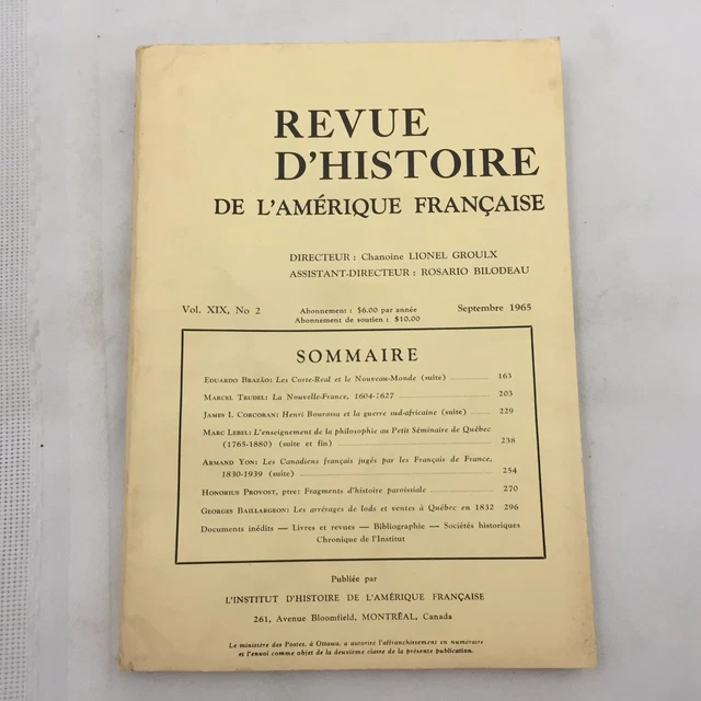 Septembre 1965 Book-Revue D'histoire De L'amerique Francaise-Vol. Xix, No. 2