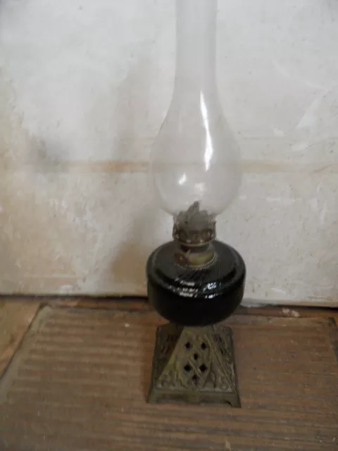 Antique Oil Lamp, Dark Green Reservoir, Ornate Cast Iron Base & Chimney