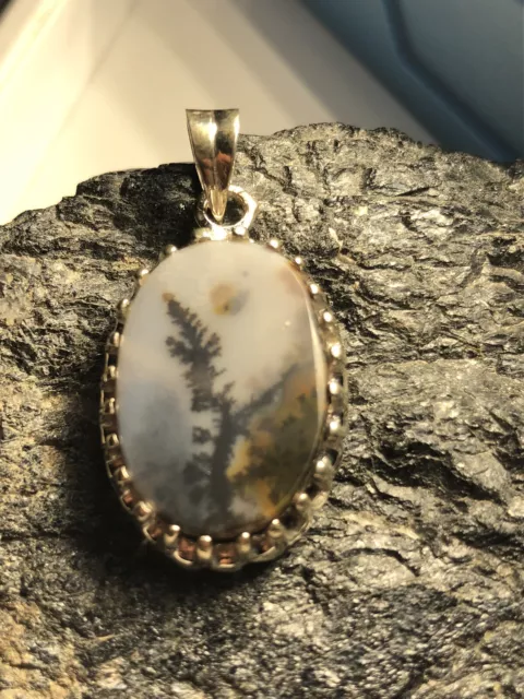 Large Dendritic Agate Pendant Sterling Silver 925 Necklace Women's Jewellery