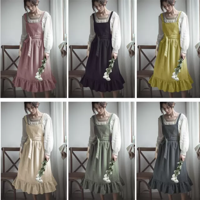Vintage Style Women Girls Cotton Linen Full Apron Pinafore Dress Ruffle Pocket 2