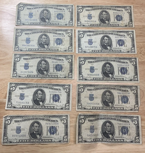 10x Lot 1934-D $5 Five Dollar Bill Silver Certificate Circulated