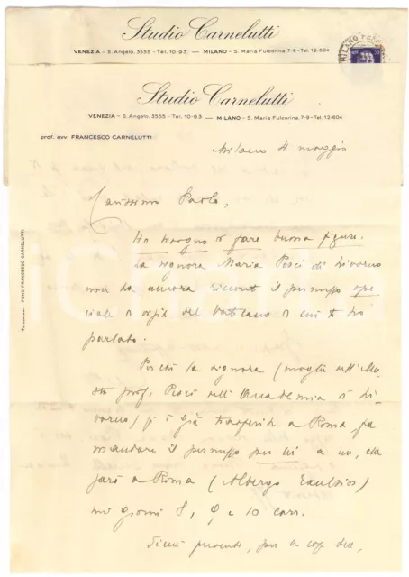1944 MILANO Lettera Francesco CARNELUTTI a un collega giurista *Autografo