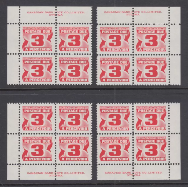 Canada Sc J30 neuf neuf dans son emballage. 1973 3c blocs d'angle d'inscription assortis sur papier ordinaire