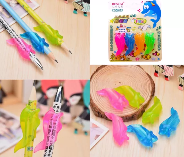 4pc Pen Pencil Grips Soft Silicone Gel Fish  Hand Writing Control Tool