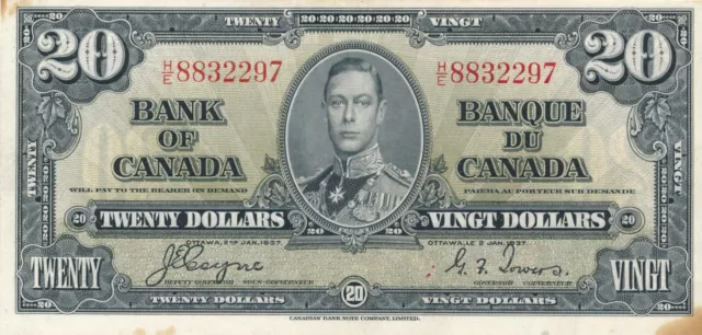 1937 Canada Banknote Coyne Towers $20 Dollars Banknote