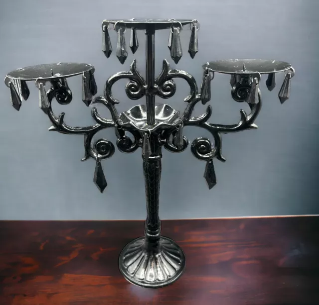 Black Metal Gothic Candelabra 3 Pillar Candle Holder 13" w Beads Spanish Revival