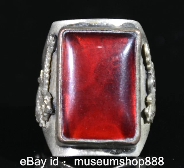1.2" Rare Old Chinese Silver Red Gems Palace Dragon Phoenix Finger Jewelry Ring