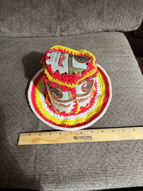 Utica Club Crochet hat Handmade Round Style Beer Can Hat Red White Yellow