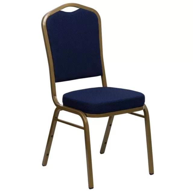 Crown Back Stacking Banquet Chair with Navy Blue Fabric and Gold Vein Frame