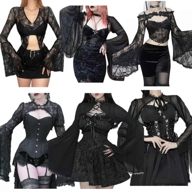 Women's Gothic Lace Cardigan Long Bell Sleeve Open Front Black Gothic Crop Tops