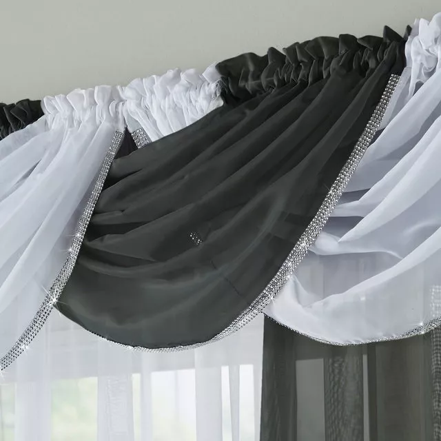 Black Glitter Diamante Trim Sparkle Polyester Voile Curtain Swag Single