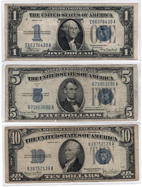 1934 Series $1,$5,$10 Silver Certificates,Funny Back,Blue Seal Notes,VG/VF