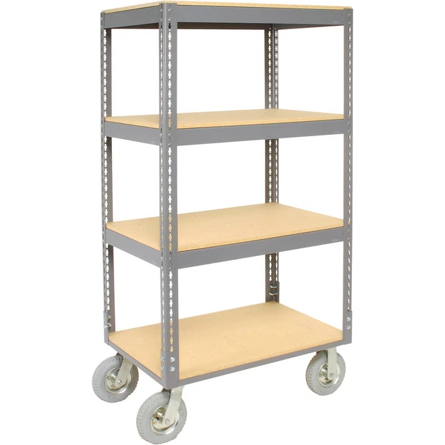Easy Adjust Boltless 4 Shelf Truck, Wood Shelves, Pneumatic Casters, 48"L x 24"W