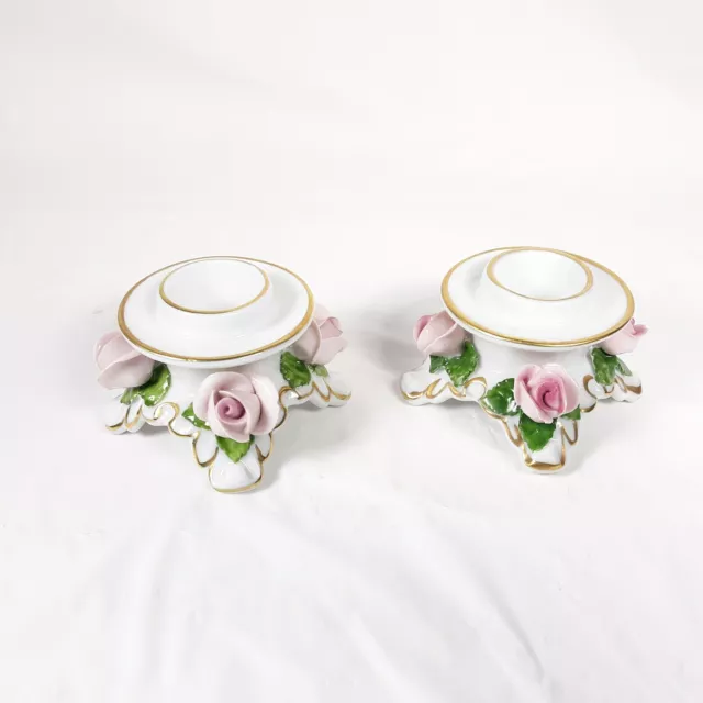 Kaiser W. Germany Rose Floral Candle Stick Holder Pair Ceramic
