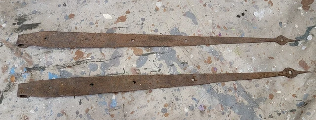 Antique Vtg Old Pair Of Iron Hinge Hand Forged 28 Inch Length Door