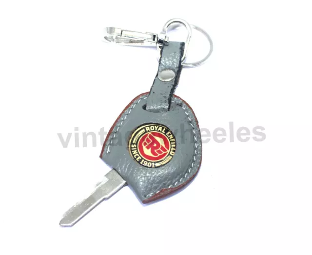 Apto para Royal Enfield Cuero Gris Mano Crafted Llavero & Lado Izq. en Blanco