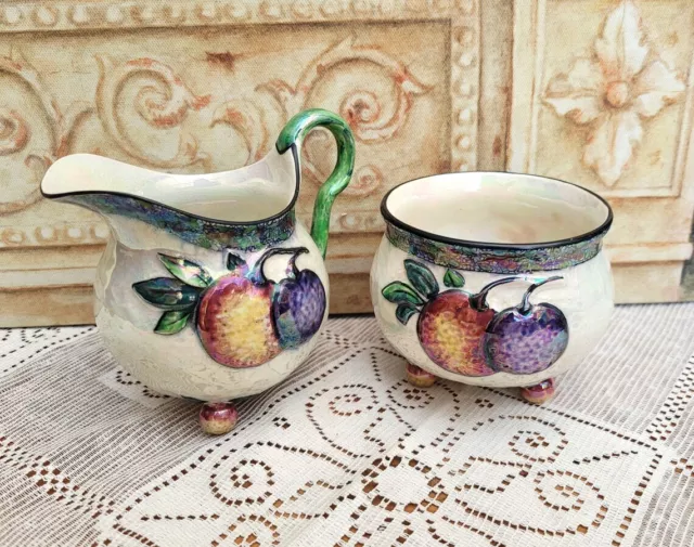 Carlton Ware Orange Embossed Milk Jug & Sugar Bowl Set Lustre Fruit 3052 1920s