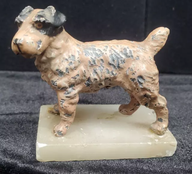 Vintage/Antique Jack Russel Terrier Dog Cast metal Figurine on Alabaster base.
